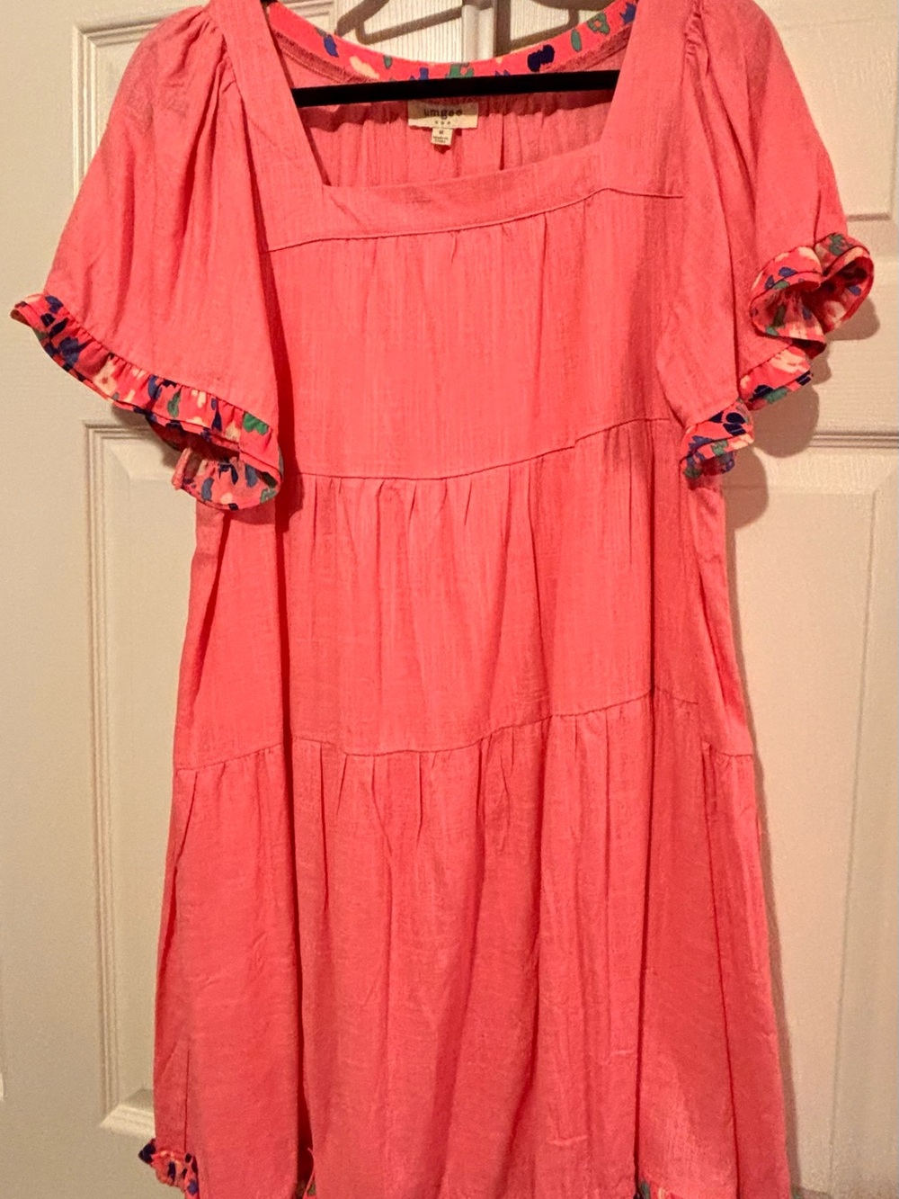 Umgee Coral Pink Tiered Casual Dress with Multicolor Ruffle Trim